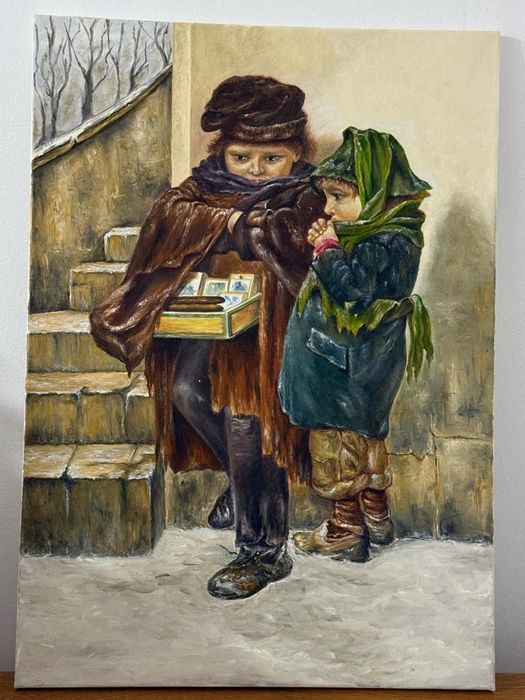 Taboul pictat manual - copii in iarna