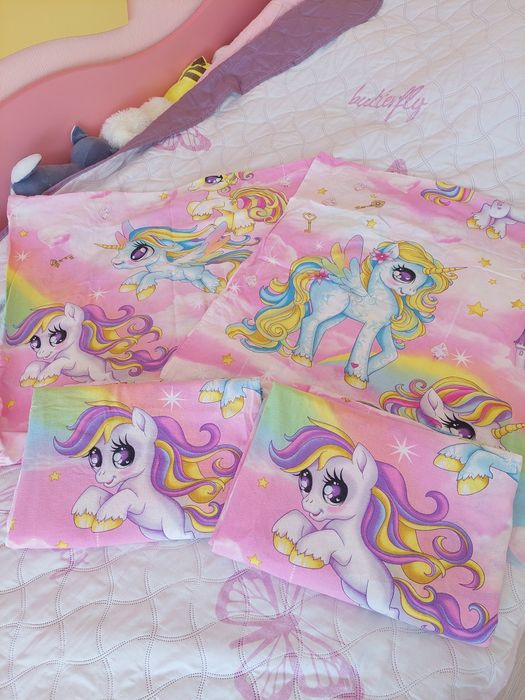 Детски спален комплект в розово с еднорог – 4 части, 100% памук