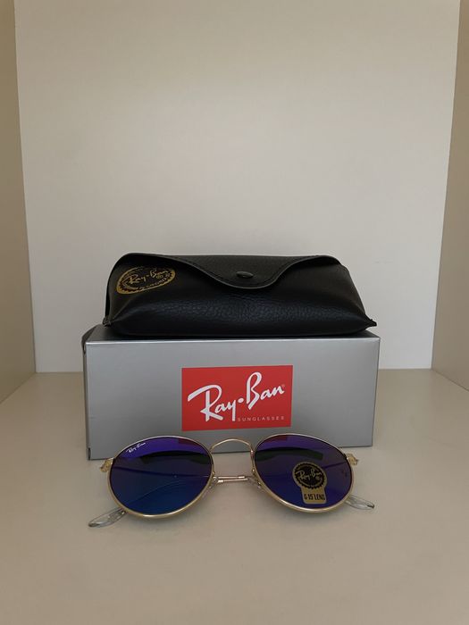 Ray-Ban Кръгли Слънчеви Очила Със Сини Стъкла + Калъф и Кърпичка