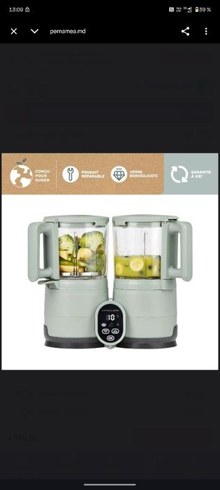 Robot multifunctional Nutribaby Glass 4 in 1 din sticla si otel inoxidabil Celadon Green, Babymoov