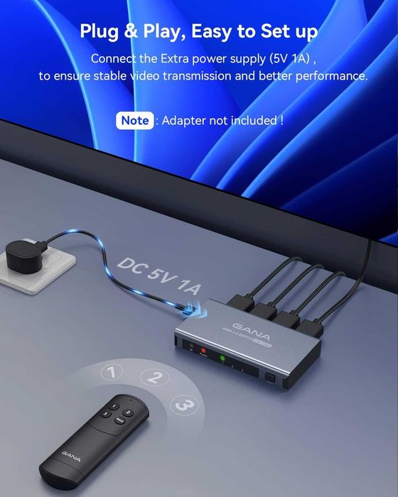 GANA HDMI Switch 3-in-1 Out–HDMI превключвател с дистанционно, 4K 60Hz