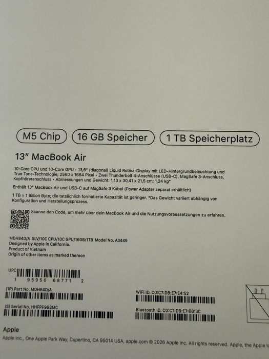 Чисто нов Macbook Air M5  16Gb 1Tb Silver