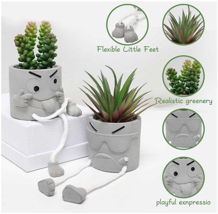 Plante artificiale, set de plante suculente cu picioare suspendate, ghivece din ciment, decor pentru apartament