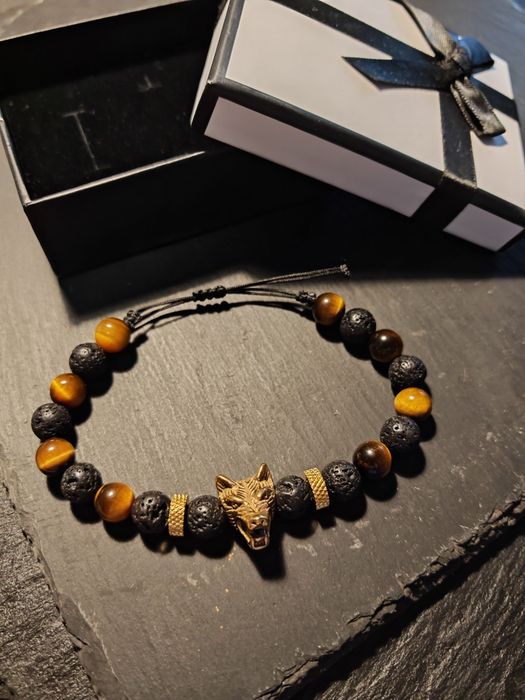 Bratara barbati  handmade – Ochi de Tigru & Piatră Vulcanică