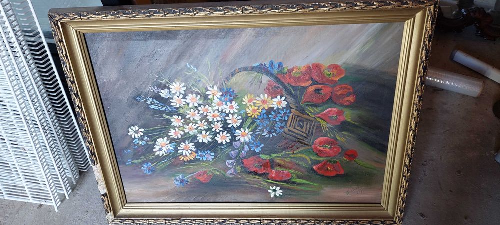 Tablou ulei pe pânză, natură statică cu flori an 1977