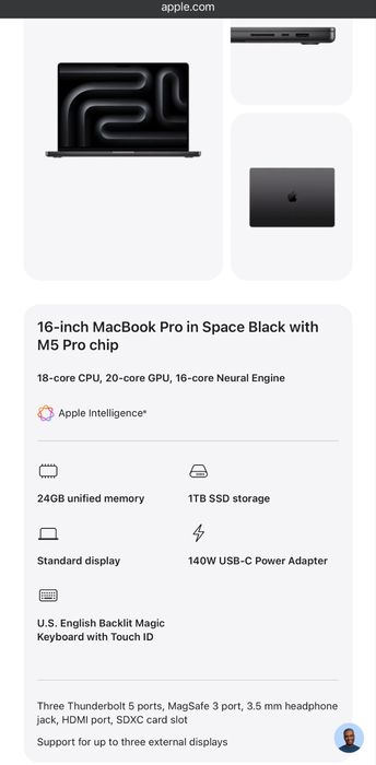 16 inch MacBook Pro in Space Black with M5 Pro chip