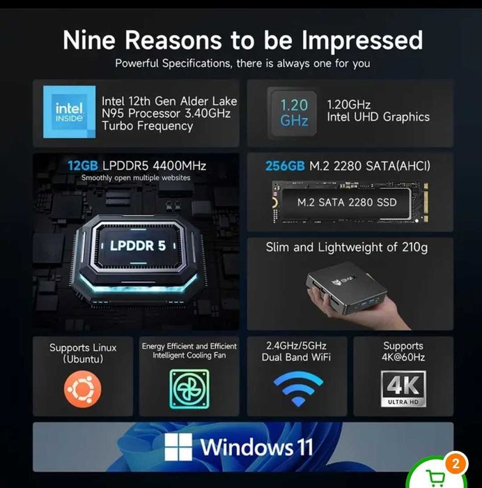 Продавам мини компютър BMAX PC – Intel N95 / 12GB LPDDR5 / 256GB SSD