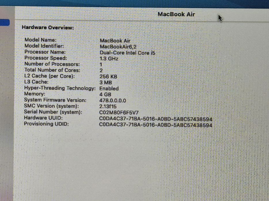 vand laptop MacBook Air A1466 2013..i5..4 Gb..Ssd 128 Gb