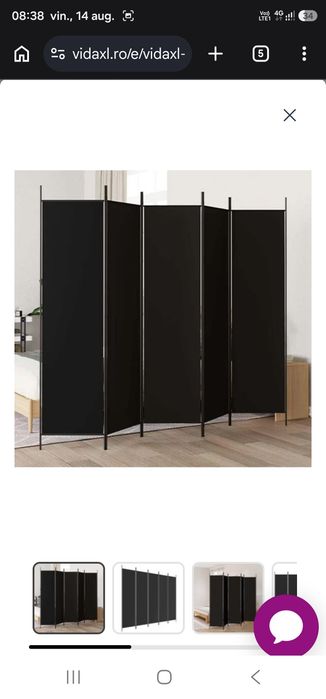 Paravan de cameră cu 5 panouri, negru, 250x200 cm, textil