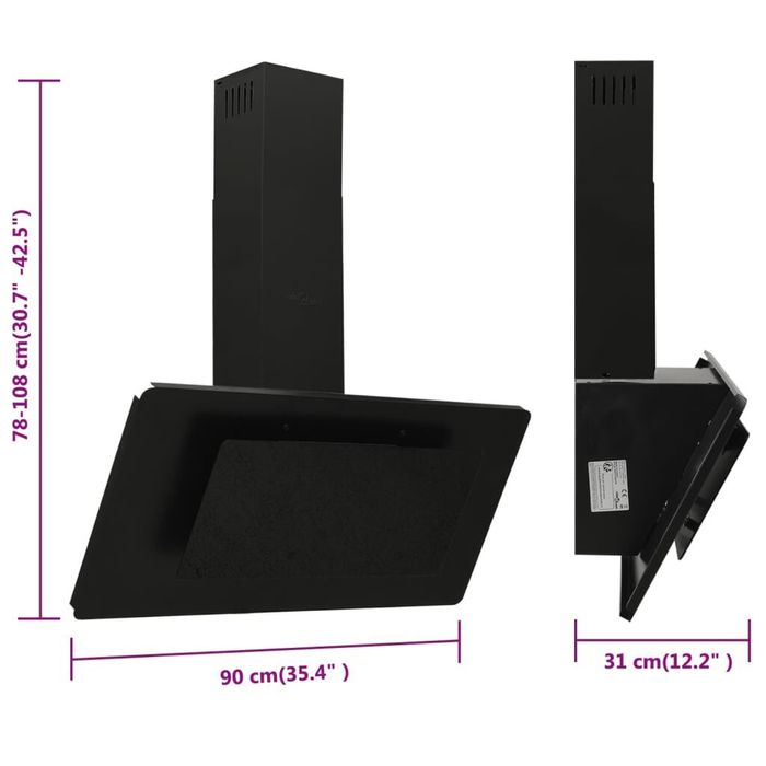 Hotă de perete negru 90 cm oțel inoxidabil şi sticlă securizată