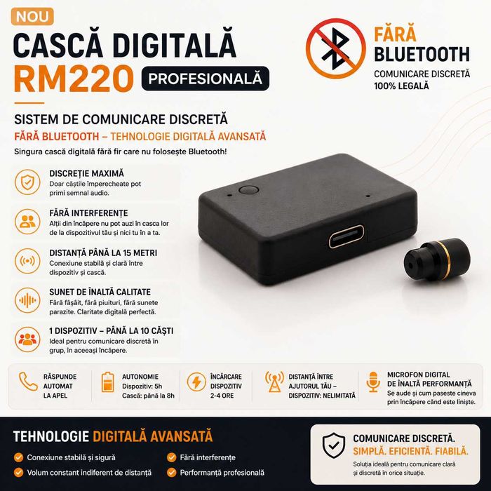 Casca de copiat Digitala Profesionala Fara Bluetooth - Nedetectabila 100% | Casti de copiat