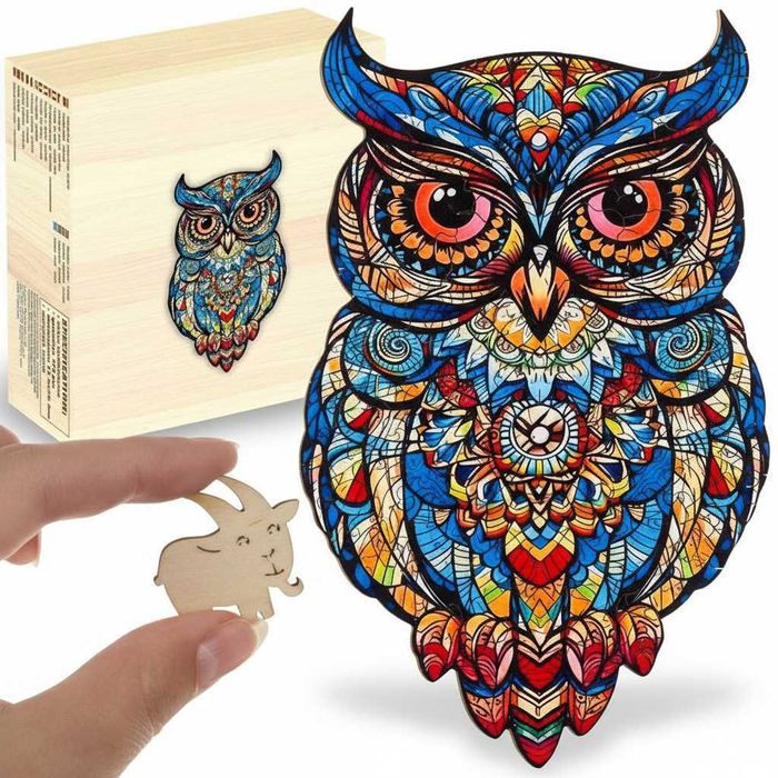 Puzzle din lemn bufnita 177 piese colorate adulti si copii 38x21.5 cm