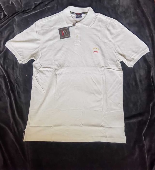 Tricou barbati maneca scurta alb turcoaz guler p&S