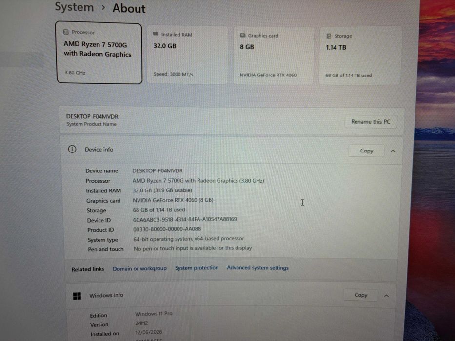 Gaming PC Ryzen 7 5700G + 32 GB Ram + RTX 4060 + Arctic Liquid Freezer II 240 + WIFI 6