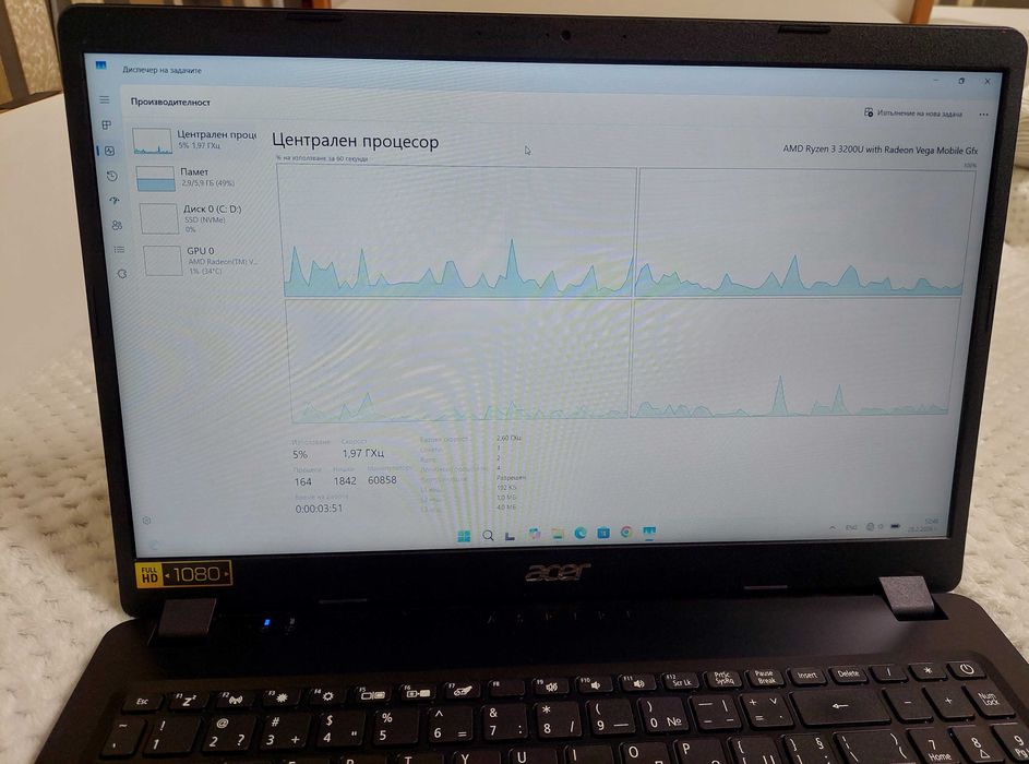 Лаптоп Acer A315-42, Ryzen 3 3200U, Radeon Vega 2GB, 8GB RAM,256GB SSD