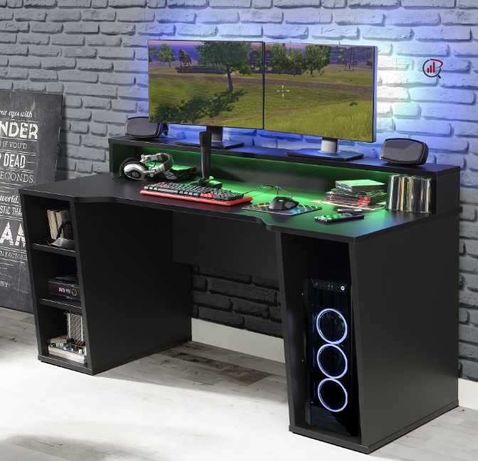 Birou KringX Gaming, 160x91x72 cm, culoare negru, include LED