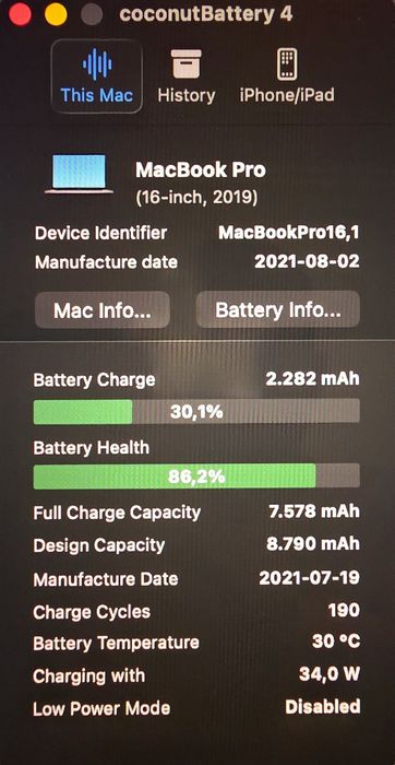 Macbook Pro 16", 2021, i7 9750H, 16GB RAM, 512GB SSD, Radeon 4GB