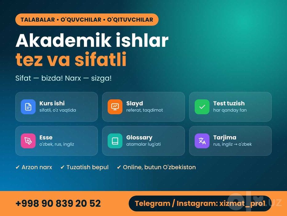 Kurs ishi, slayd, test, esse, tarjima — talabalar uchun