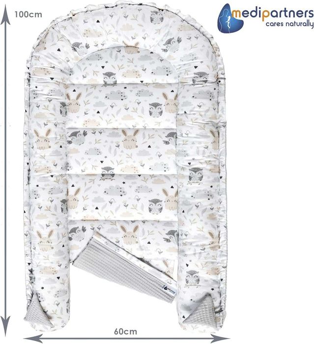 Medi Partners – Бебешко гнездо Cuddle Nest, 100% памук, Waffle, 100 × 60 × 15 см, сив цвят с животни