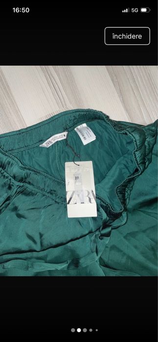 Pantaloni satin verde inchis Zara, drepti , cu elastic, f lejeri