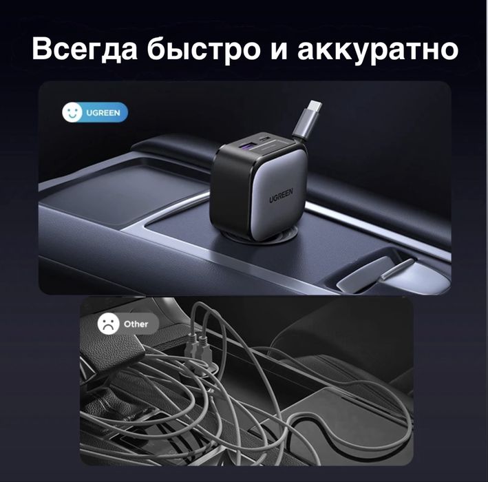Мгновенная зарядка в авто Ugreen 60W 3 порта, USB-C встроенный.