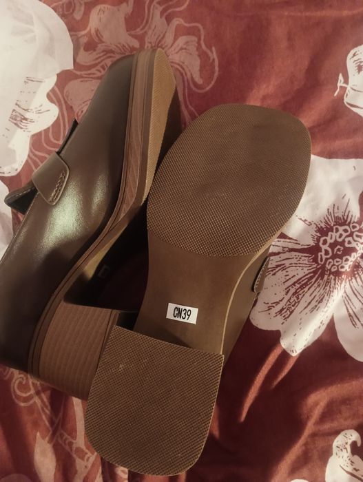 Mocasini dama, toc inalt, piele, maro,