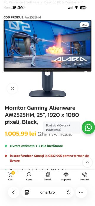Monitor Gaming Alienware AW2525HM, 25", 1920 x 1080 pixeli, Black,