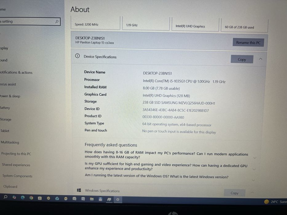 Laptop Hp 8gb ram, i5-1035G1, ssd 238gb