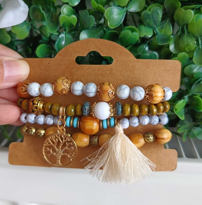 Гривна за ръка - дървесно, бяло, синьо