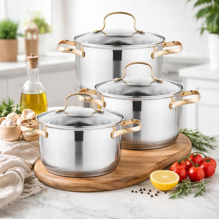 Комплект тенджери с елегантни златисти дръжки DJ24 + Подарък Ръчен чоп