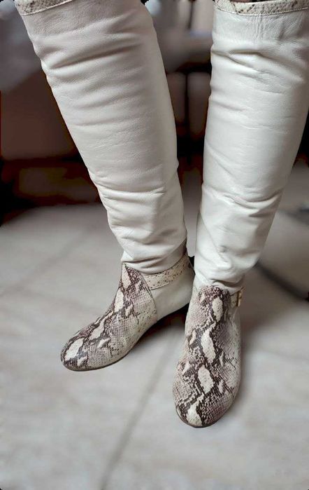 Кожени ботуши Bate 38.5 млечен цвят с вложки от змийска кожа