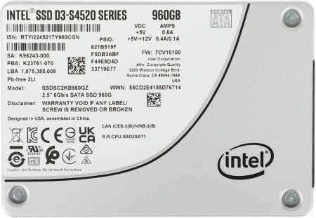 Накопитель SSD Intel D3-S4520 Series, 1.92TB, SATA 6Gb/s, 3D4 TLC, 2,5