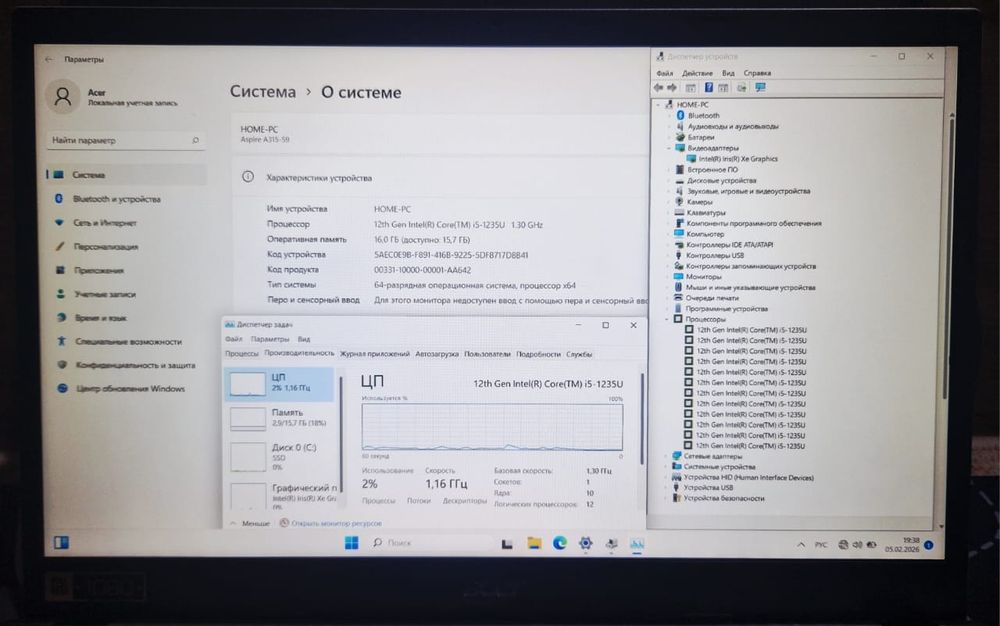 Aser core i5 ozu16,ssd512, 12 Gen, 10 ядро!
