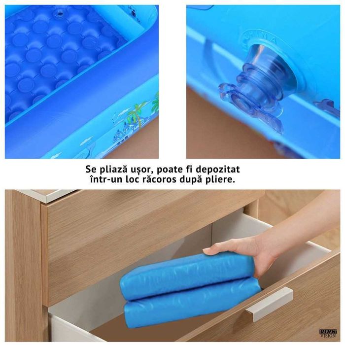 Piscina Gonflabila pentru copii, Multicolora, Dreptunghiulara, Baza moale si doua inele gonflabile, Dimensiuni 115 x 82 x 33 cm, Vinil rezistent