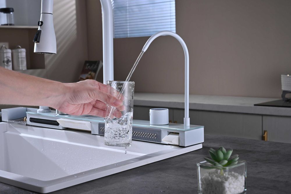 Бяла гранитна мултифункционална кухненска мивка с двоен водопад