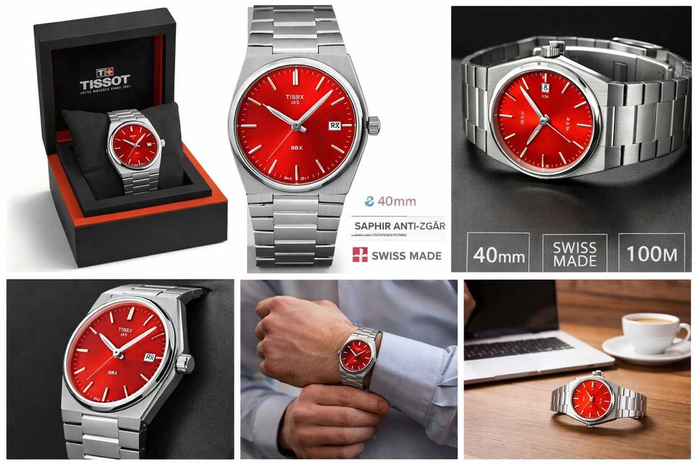 Tissot PRX 40mm Red Swiss Made Safir, Oțel Inoxidabil, Cutie + Factură