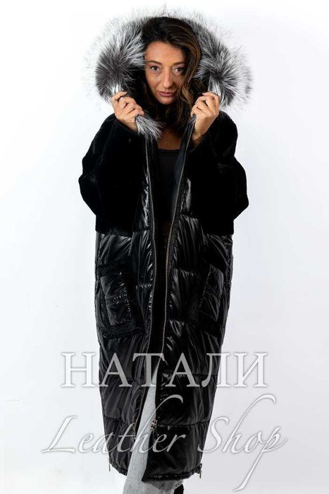 Дамски ексклузивен дълъг кожух тип Парка със сребърна Лисица