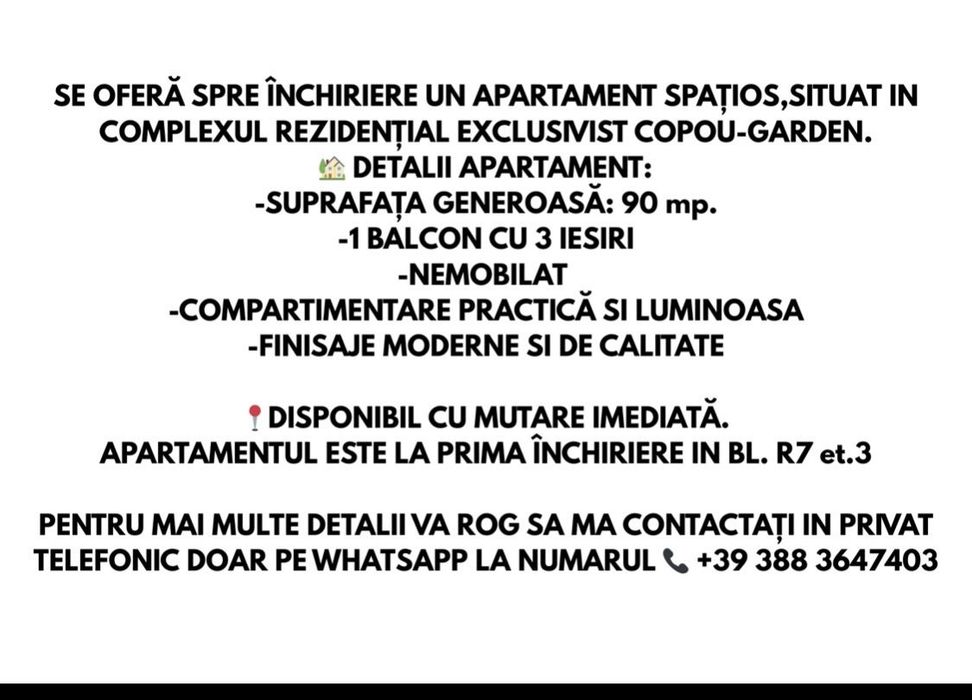 Apartament 3 camere, Iasi spre chirie Copou