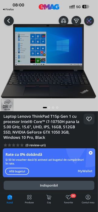 Laptop Lenovo ThinkPad T15p,i7-10750H 16GB,512GB SSD,GTX 1050 3GB