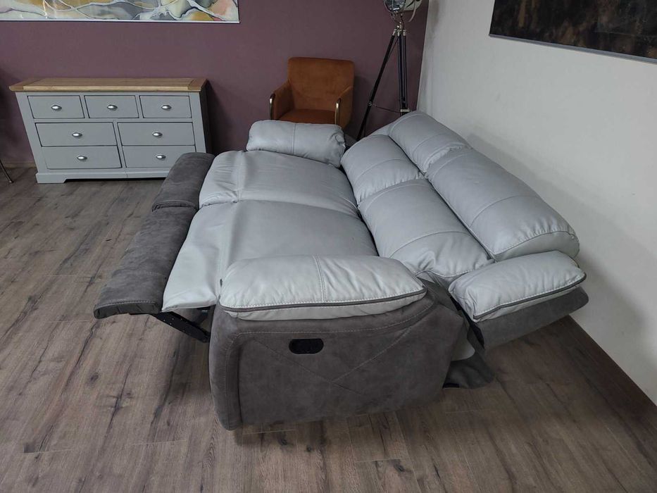 Сив диван тройка от кожа и плат с ръчен релакс механизъм