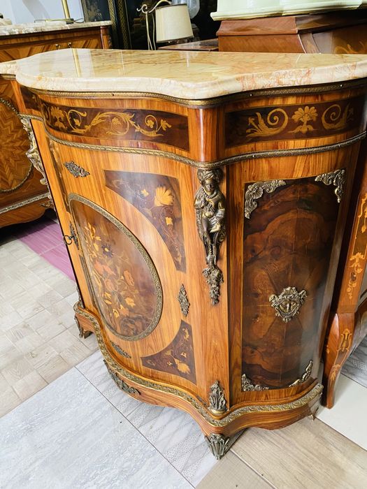 Comoda Vintage Lemn Masiv Marmura Bronz Intarsie Antic