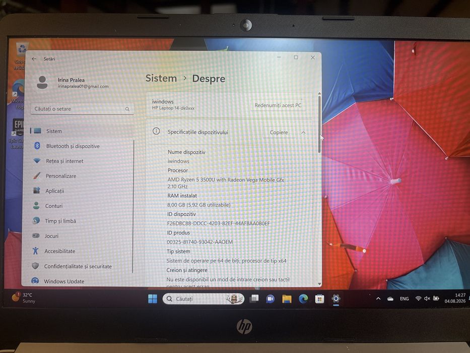 Laptop HP 14-dk0xxx – Ryzen 5 3500U, 8 GB RAM, SSD 128 GB, Windows 11