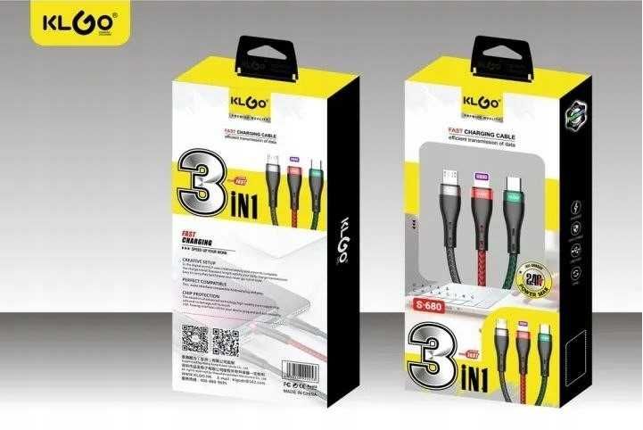 Кабел за зареждане KLGO 3в1 USB -> Type C, Lightning, Micro