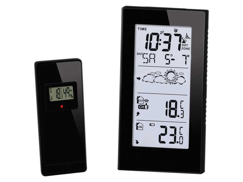 Stație meteo cu radiocomanda, cu senzor exterior; ceas cu termometru, wireless, noua, sigilata, realizata in Germania; afiseaza umiditatea pe exterior