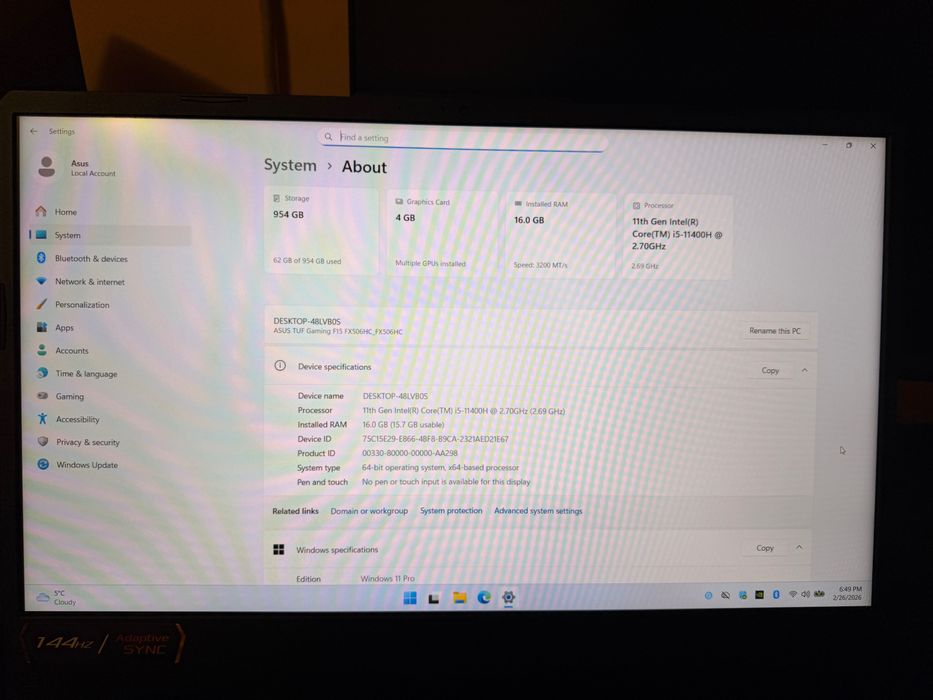 Laptop Gaming ASUS TuF  • i5 •  16GB  •  1TB  •  RTX 3050  •  144Hz