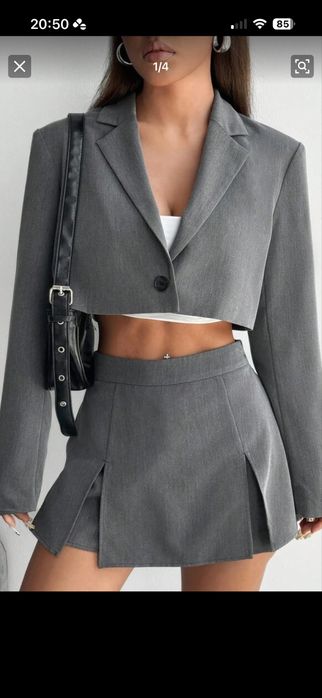 Елегантен сив комплект сако + пола/панталон