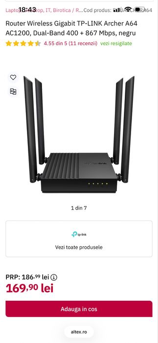 Router Wireless Gigabit TP-LINK Archer A64 AC1200, Dual-Band 400 + 867 Mbps, negru