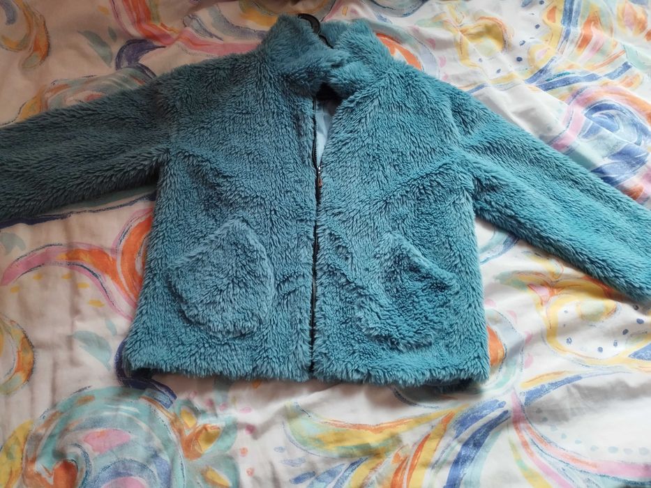 Дамско плюшено синьо яке