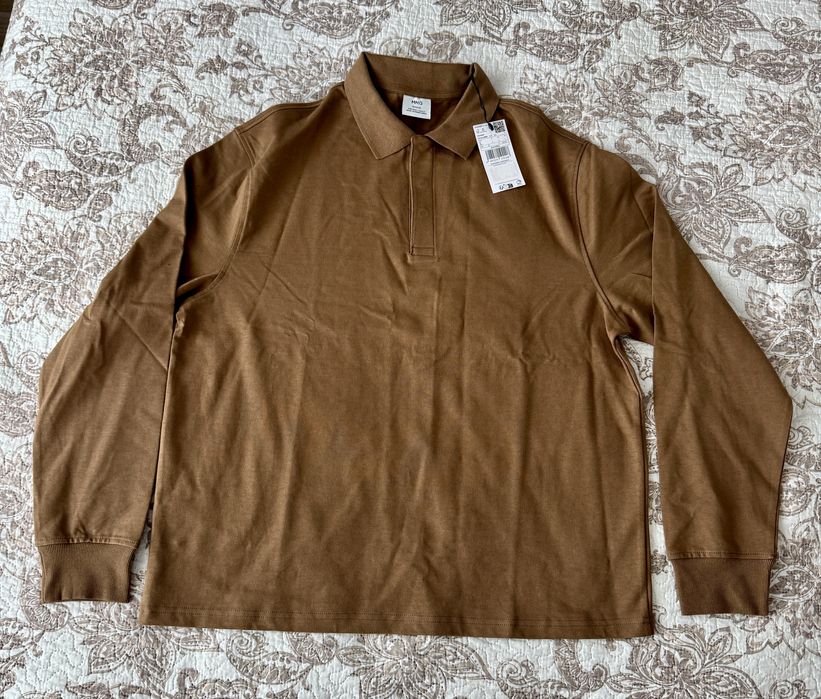 Bluza maro, guler polo si nasturi, Mango Man, L, noua, cu eticheta
