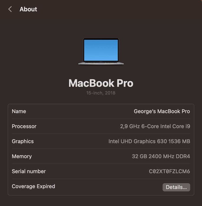 Macbook Pro 15" 2018 i9 2.9ghz, 32GB RAM, 1TB, Radeon Pro Vega 20